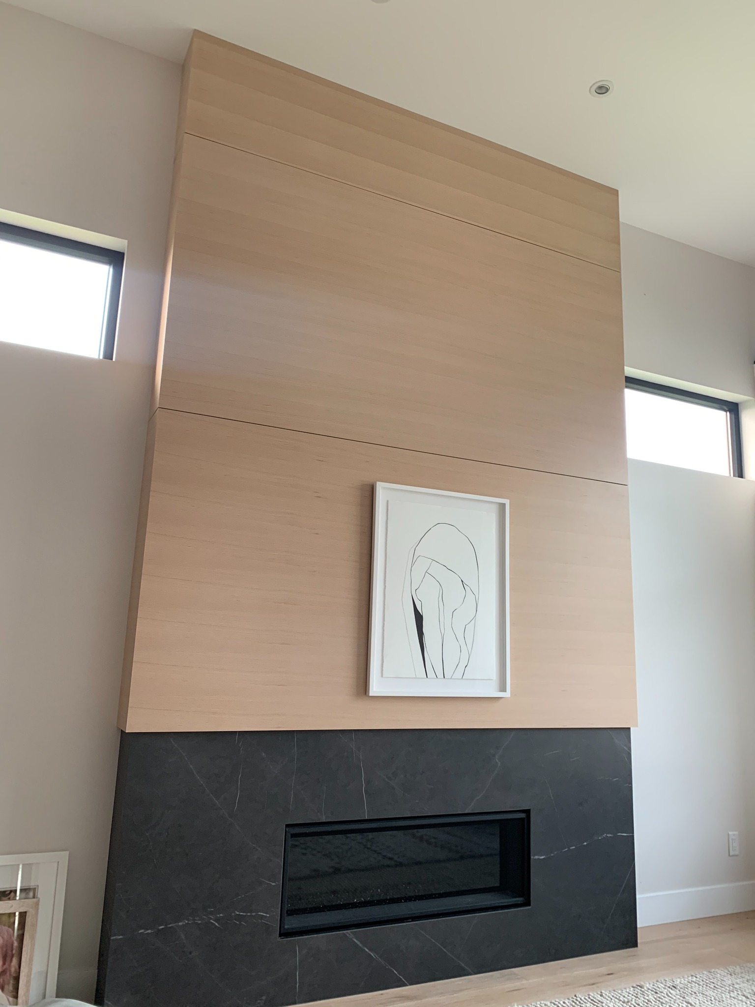Contemporary fireplace feature with light wood paneling and dark stone surround