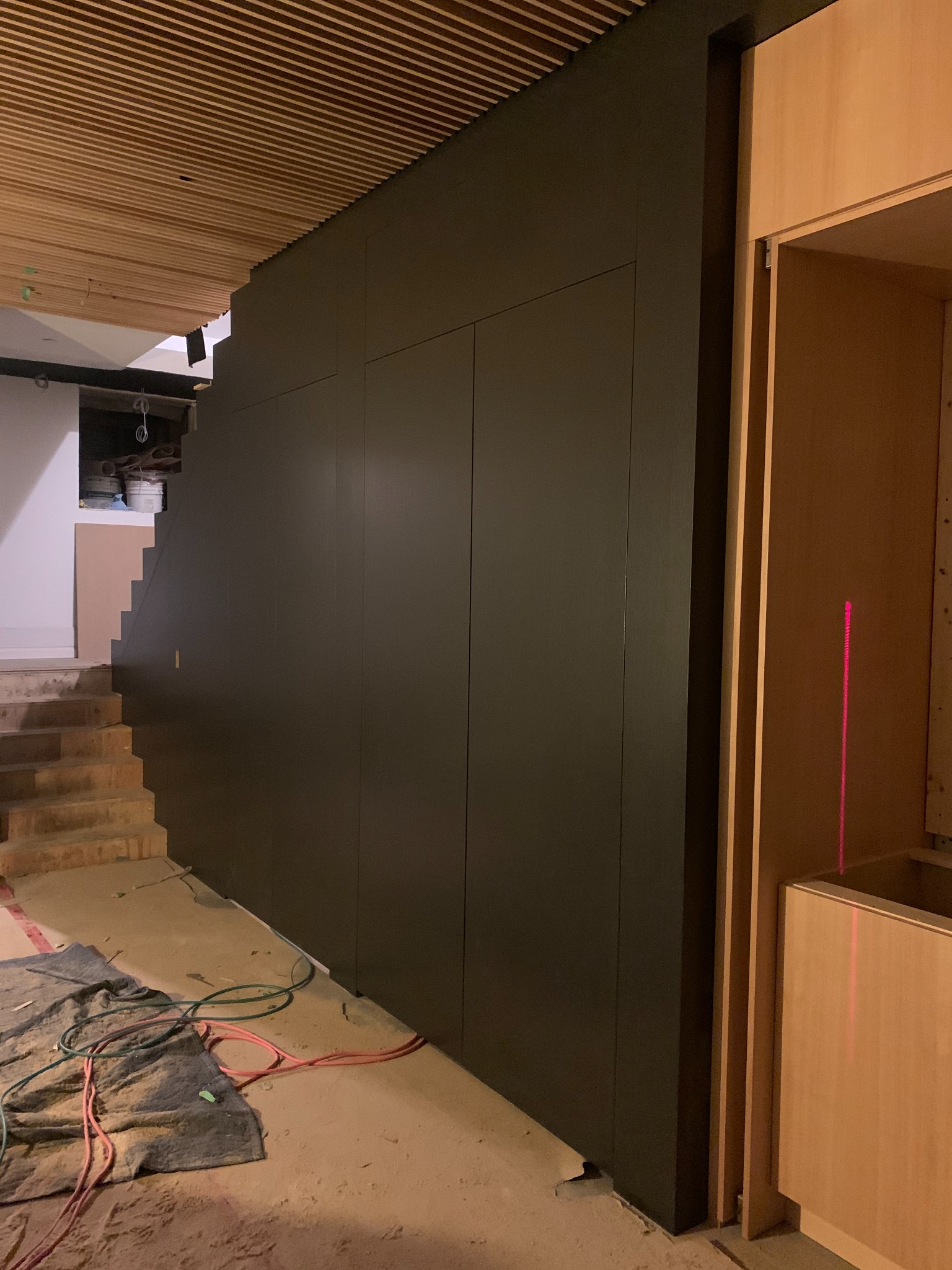 Full-height dark flush wall panels installed beneath a wood-slat ceiling